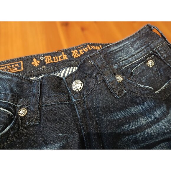 Rock Revival Jeans Dark Blue Wash Faded Distressed Heath Bootcut Size 30 - Picture 5 of 10